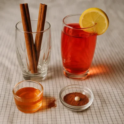 Refreshing lemon cinnamon iced tea with spices and ingredients on a neutral table.