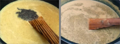 Creamy Vegan Pumpkin Chia Seed Power Soup - Plattershare - Recipes, food stories and food lovers Preparing vegan pumpkin chia seed soup in a pot with a wooden spoon.