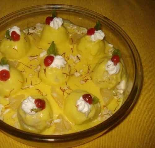 Paneer- Fruity Balls -Custard Pudding - Plattershare - Recipes, food stories and food enthusiasts