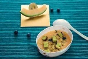 Cantaloupe Soup With Fresh Blueberries And Kiwi Chunks Topped With Green Tea Cake Croutons - Plattershare - Recipes, Food Stories And Food Enthusiasts