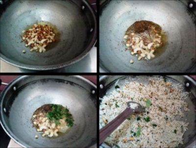 Sambha Sadham: Aromatic South Indian Pepper & Cumin Rice - Plattershare - Recipes, food stories and food lovers Cooking spices and rice for South Indian Sambha Sadham dish in a wok.