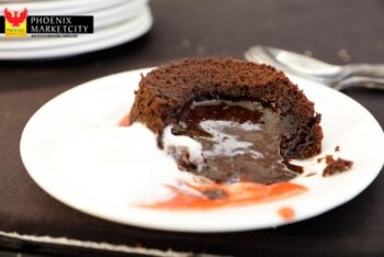 Molten Lava Cake With Almond Crumble And Strawberry Basil Coulis - Plattershare - Recipes, food stories and food lovers