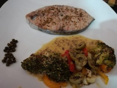 Grilled Seer Fish Steak With Veggies In Wholegrain Mustard Sauce - Plattershare - Recipes, food stories and food lovers