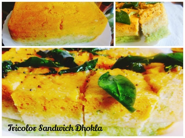 Tricolor Sandwich Dhoklas (Indian Rice And Lentils Savoury Cakes) - Plattershare - Recipes, food stories and food lovers