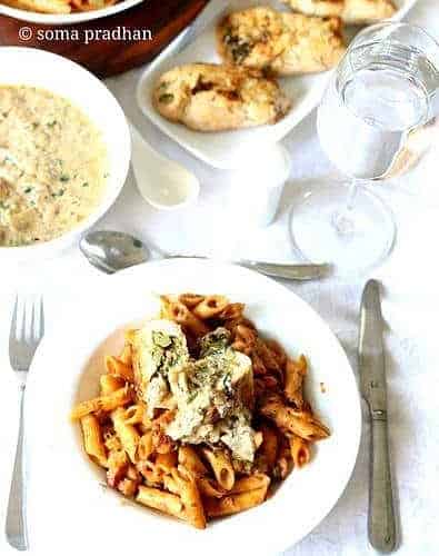 Roasted Chicken Stuffed With Mushroom , Broccoli & Spinach Served In White Creamy Sauce And Vegetable Pasta - Plattershare - Recipes, food stories and food enthusiasts