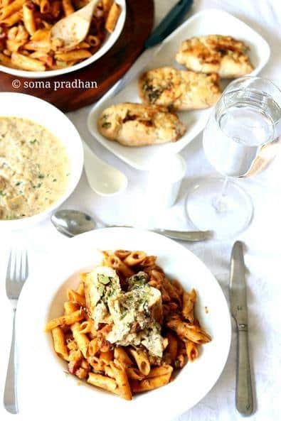 Roasted Chicken Stuffed With Mushroom , Broccoli & Spinach Served In White Creamy Sauce And Vegetable Pasta - Plattershare - Recipes, food stories and food lovers