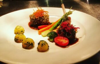 Duo Of Lamb - Herb Crusted Lamb Loin, Lamb Rack, Buttered Vegetables, Parsienne Parsley Potatoes, Nero D Avola Sauce - Plattershare - Recipes, food stories and food lovers