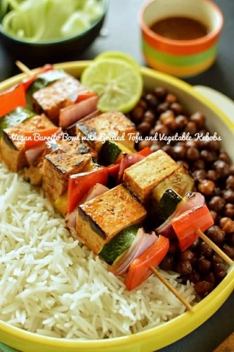 Vegan Burrito Bowl With Grilled Tofu And Vegetable Kebobs, Rice And Spicy Chickpeas - Plattershare - Recipes, food stories and food lovers