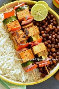 Vegan Burrito Bowl With Grilled Tofu And Vegetable Kebobs, Rice And Spicy Chickpeas - Plattershare - Recipes, Food Stories And Food Enthusiasts