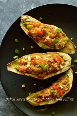 Baked Sweet Potatoes With Spicy Tofu Filling - Plattershare - Recipes, food stories and food lovers Baked Sweet Potatoes With Spicy Tofu Filling - Plattershare - Recipes, food stories and food lovers