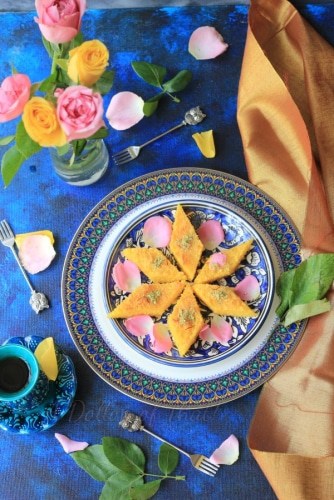 Mango Basbousa (Middle Eastern Semolina / Farina Cake) - Plattershare - Recipes, Food Stories And Food Enthusiasts