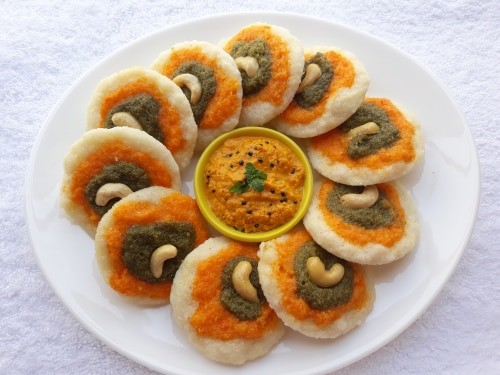 Tri-Colour Idli With Unique Carrot Chutney - Plattershare - Recipes, food stories and food lovers