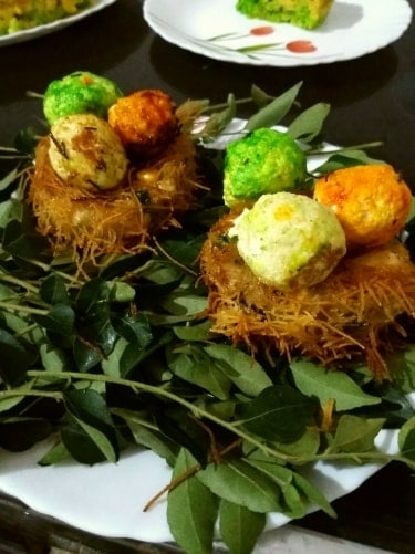 Birds Nest With Paneer Tricolor Eggs - Plattershare - Recipes, Food Stories And Food Enthusiasts