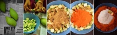Andhra Avakaya: A Vibrant South Indian Mango Pickle Recipe - Plattershare - Recipes, food stories and food lovers Preparing Andhra Avakaya mango pickle with spices and mango pieces.