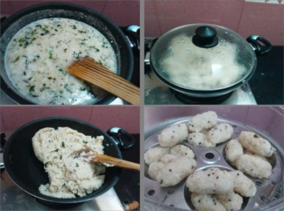 Soft & Steamy Rice and Lentil Dumplings (Arisi Ullunthu Kozhukattai) - Plattershare - Recipes, food stories and food lovers Pots showing the preparation of rice and lentil dumplings for Arisi Ullunthu Kozhukattai.