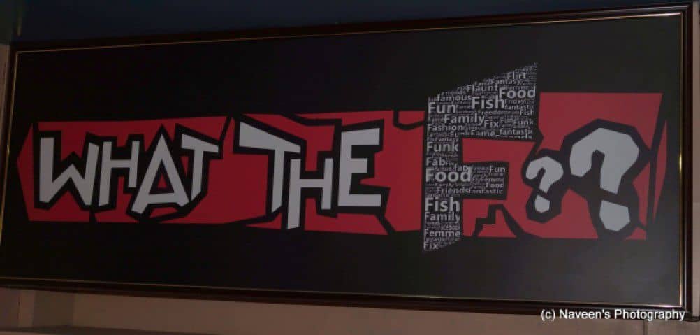 Great Ambiance With Poor Food! - Plattershare - Recipes, food stories and food lovers Bright graffiti art with "What the F?" message and question marks, vibrant urban decor scene.