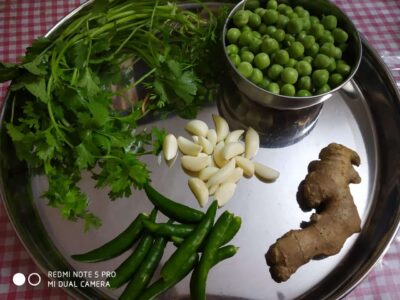 Bengali Mulo Makha (Mashed Radish with Mustard Oil) - Plattershare - Recipes, food stories and food lovers Fresh green coriander leaves and stems, garlic cloves, green chilies, ginger root, and green peas on a stainless steel platter.