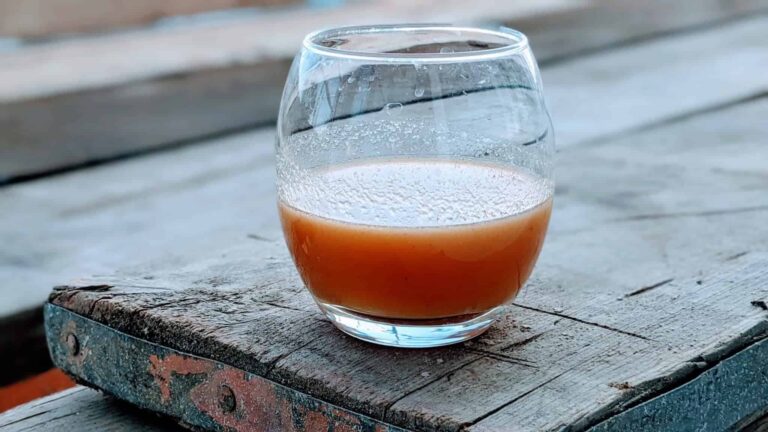 Refreshing Apple, Orange, and Gooseberry Juice with Dried Cranberries - Plattershare - Recipes, food stories and food lovers Cold brewed tea with condensation on glass on rustic wooden table.