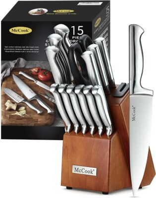 15 Pieces German Stainless Steel Kitchen Knife Set with Built-in Sharpener