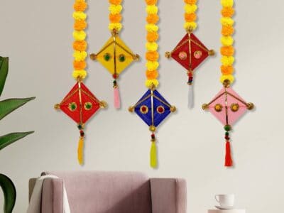 Handmade Artificial Marigold Fluffy Flowers Colorful Woolen Kite Hanging