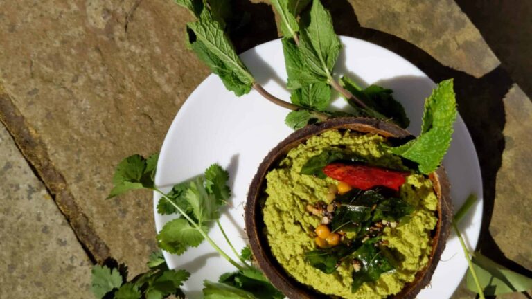 South Indian Coconut Chutney: Grandma's Authentic Recipe - Plattershare - Recipes, food stories and food lovers Bright green chutney in a coconut shell bowl with herbs and spices, served on a white plate outdoors.