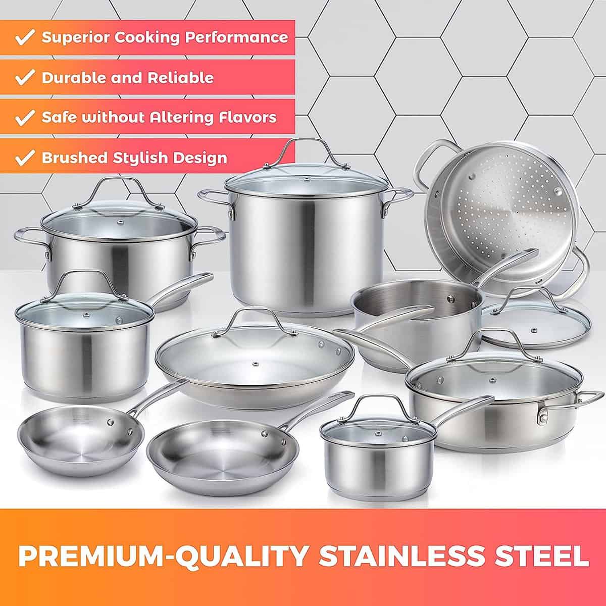 Ultra-Clad Pro Stainless Steel Cookware Set, Ergonomic EverCool Handle, Includes Saucepans, Skillets, Dutch Oven, Stockpot, Steamer More