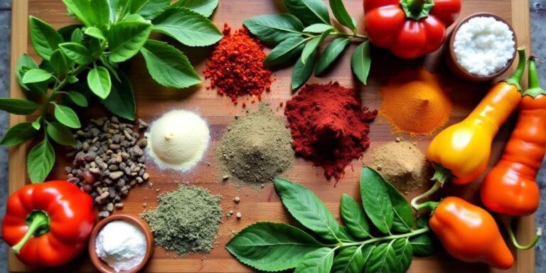 Colorful herbs and vegetables on a wooden cutting board.