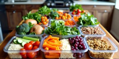Colorful meal prep containers with fresh ingredients.