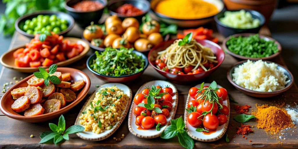 Colorful dishes with fresh ingredients on a wooden table.