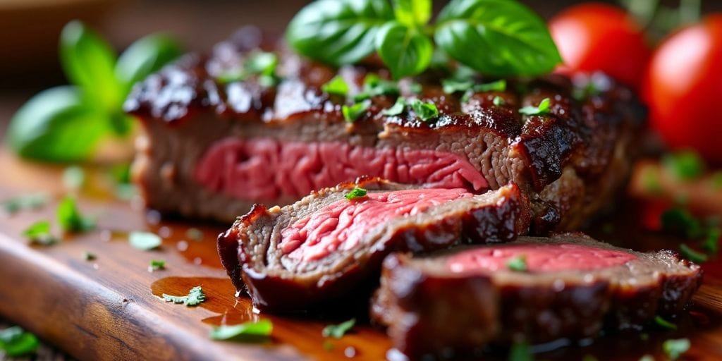 Mastering Cooking Beef Tips: A Guide to Perfectly Tender and Flavorful Dishes - Plattershare - Recipes, food stories and food lovers Close-up of a juicy beef steak with herbs - Mastering Cooking Beef Tips: A Guide to Perfectly Tender and Flavorful Dishes