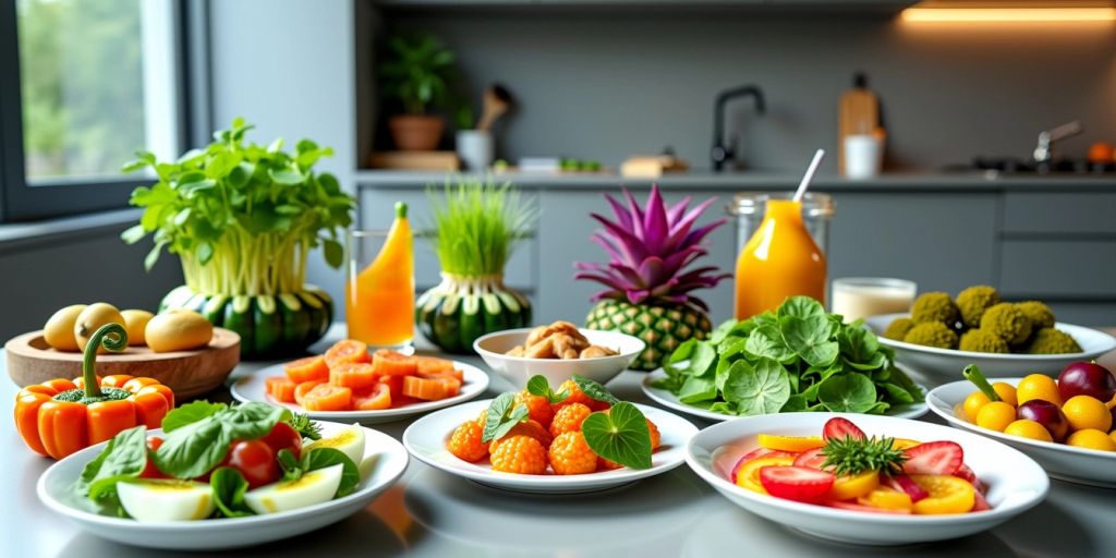 Futuristic food items on a sleek kitchen countertop - Exploring the Intersection of Food Trends and Technology: What to Expect in 2024