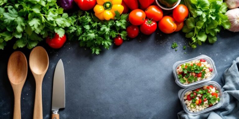 Fresh ingredients and meal prep tools in a kitchen.