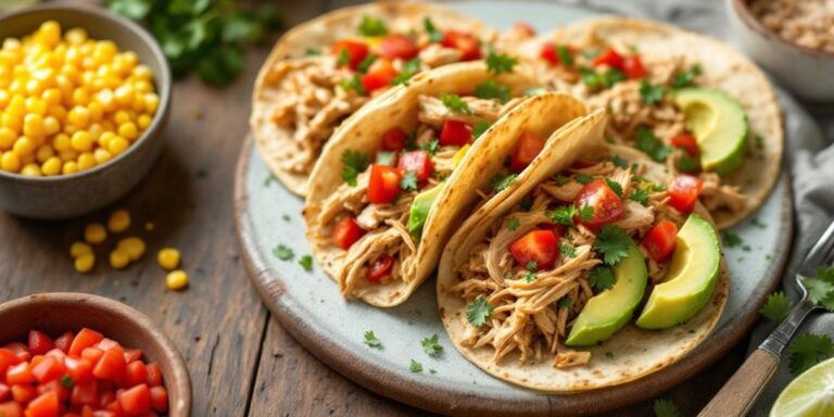 Colorful shredded chicken tacos with fresh toppings.