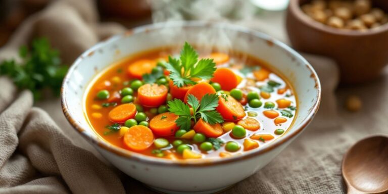 Bowl of colorful vegetable soup with fresh herbs.