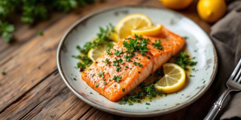 Plated salmon with herbs and lemon on a wooden table.