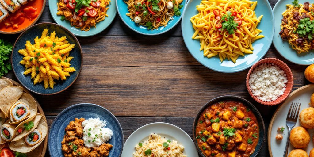 Diverse dishes from various cultures on a wooden table.