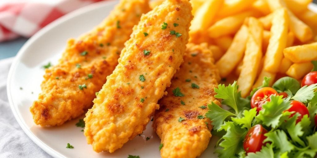 Deliciously Simple Recipes for Chicken Tenders That Will Wow Your Family - Plattershare - Recipes, food stories and food lovers Crispy chicken tenders with fries and salad.