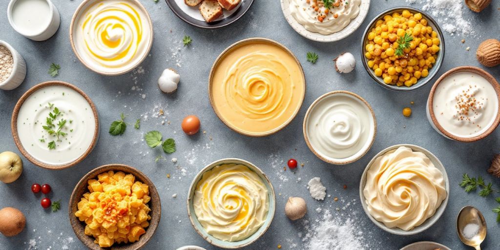 Colorful creamy dishes made with milk in a spread.