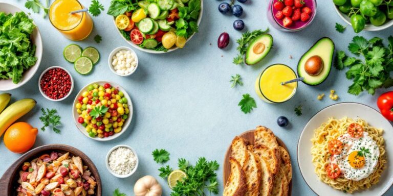 Colorful spread of trendy modern foods on a table.