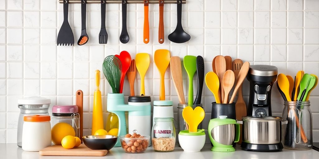 Organized kitchen gadgets on a countertop for home chefs.
