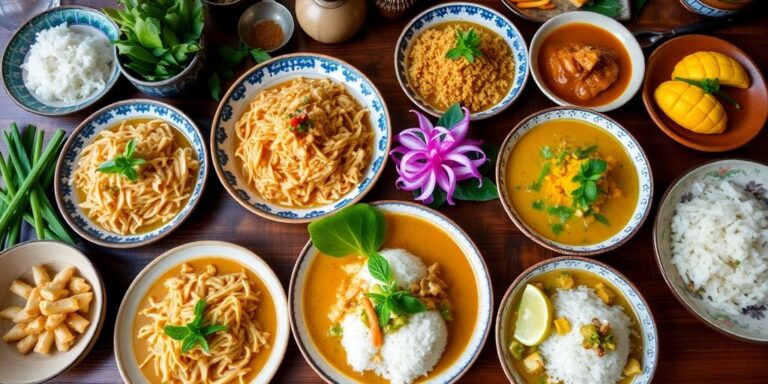 Colorful Thai dishes on a rustic wooden table.