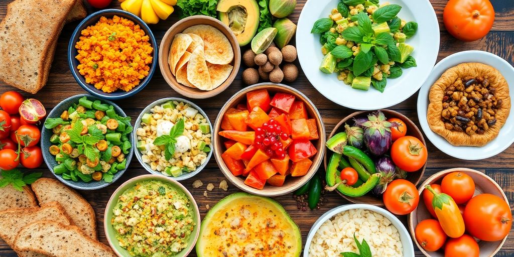 Colorful array of trendy foods on a wooden table.