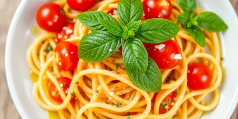 Colorful plate of pasta with basil and cherry tomatoes.