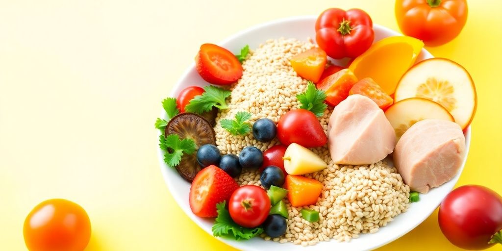A plate with fruits, vegetables, grains, and proteins - Understanding the Dietary Needs of Adults: A Comprehensive Guide to Balanced Nutrition