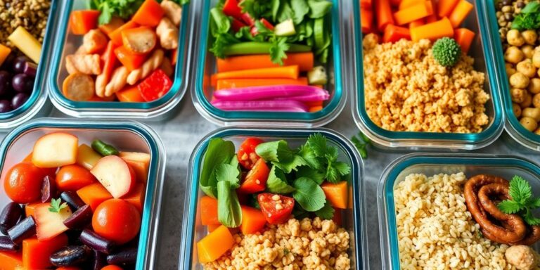 Colorful meal prep containers with healthy ingredients.