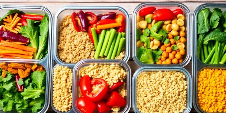Colorful vegetarian meal prep containers with fresh ingredients.