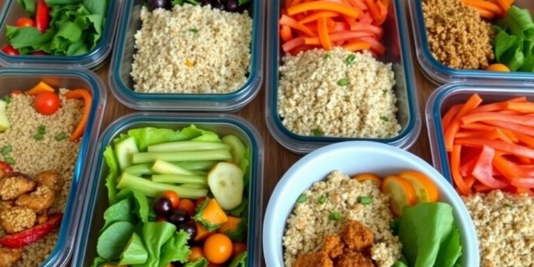 Colorful healthy meal prep containers on a wooden table.