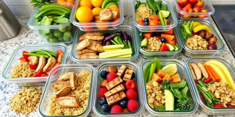 Colorful meal prep containers with healthy foods.