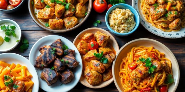 A variety of delicious chicken dishes on a wooden table.