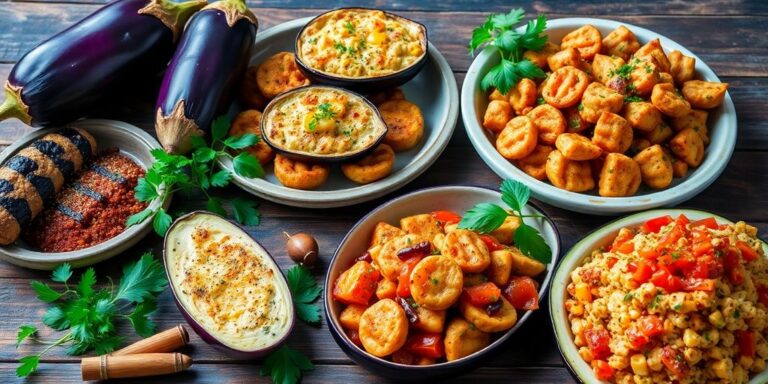 Colorful dishes featuring eggplant on a wooden table.